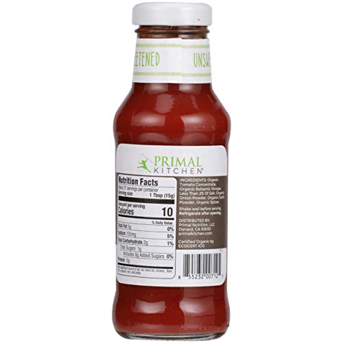 Most Comercial Ketchup brands have added oil, sugar, or artificial sweetners. Primal Kitchen, Organic Unsweetened Ketchup, 11.3 oz