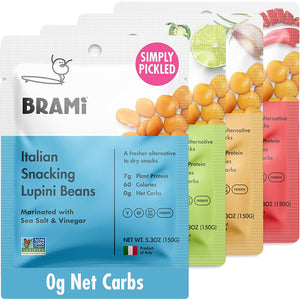 BRAMI Lupini Beans Variety Pack Snack. 60 calories a bag. Great tasting, high in Fibre and Protein. Non Perishable